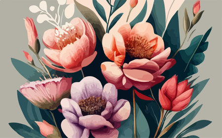 Floral background with hand drawn flowers. Vector illustration in retro style.のイラスト素材