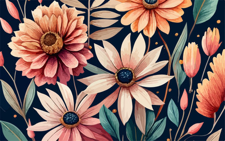 Seamless floral pattern with flowers and leaves. Vector illustration.のイラスト素材