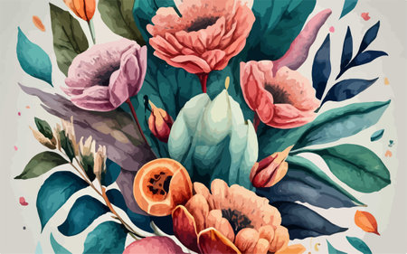 Hand drawn floral bouquet with poppies and leaves. Vector illustration.のイラスト素材