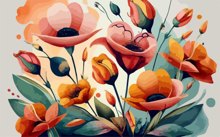 Hand drawn vector abstract floral illustration with poppies and leaves in pastel colorsのイラスト素材