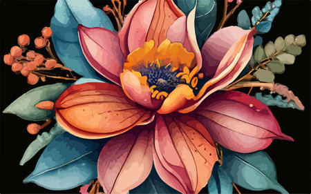 Illustration of an abstract floral background with flowers, leaves and berriesのイラスト素材
