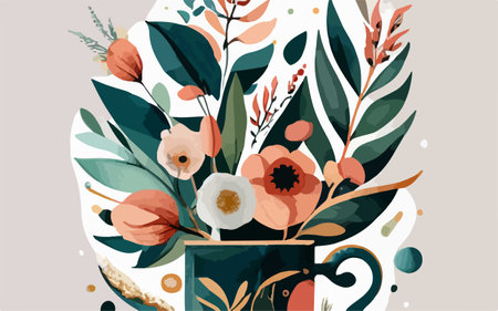 Cup of coffee with flowers and leaves. Hand drawn vector illustration.のイラスト素材