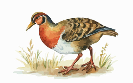 Watercolor illustration of a white-necked quail on a white backgroundのイラスト素材