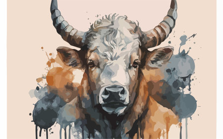 Watercolor portrait of a buffalo in grunge style. Vector illustrationのイラスト素材