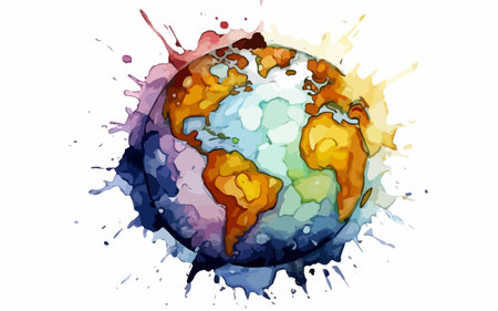 Colorful watercolor splashes around the earth. Vector illustration.のイラスト素材
