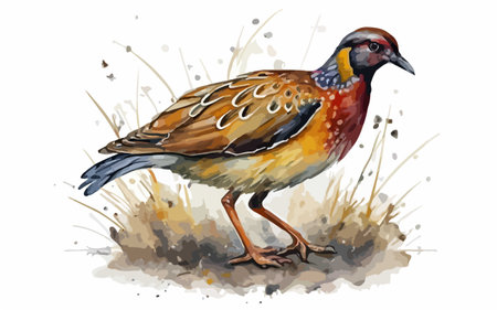 Crested quail bird, watercolor illustration on white backgroundのイラスト素材