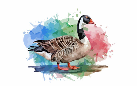 Illustration of a goose on a background of watercolor splashesのイラスト素材