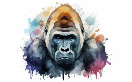 Gorilla head with colorful splashes on white background. Vector illustration.