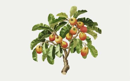Illustration of a cashew tree with fruits on white background.のイラスト素材