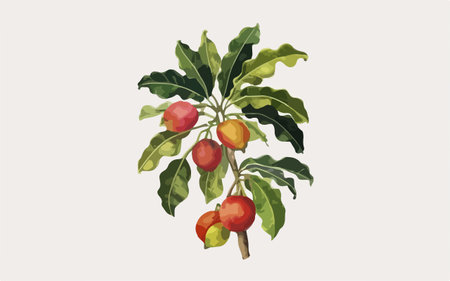 Coffee tree branch with fruits and leaves. Vector illustration.のイラスト素材