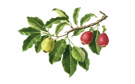 Illustration of guava fruit on a branch with leaves isolated on white backgroundのイラスト素材