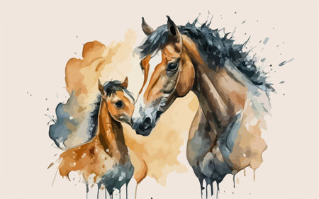 Two horses in watercolor paint splashes. Hand drawn vector illustrationのイラスト素材