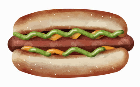 Illustration of a hot dog with mustard, ketchup and mayonnaiseのイラスト素材