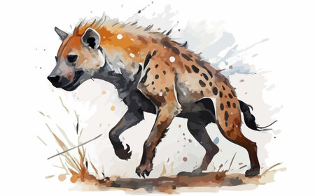 Watercolor illustration of hyena running in the savannah. Side view.のイラスト素材
