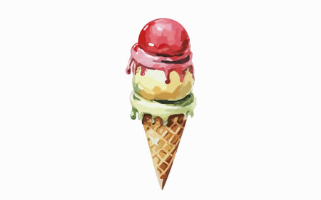 Watercolor ice cream in a waffle cone. Vector illustration.のイラスト素材