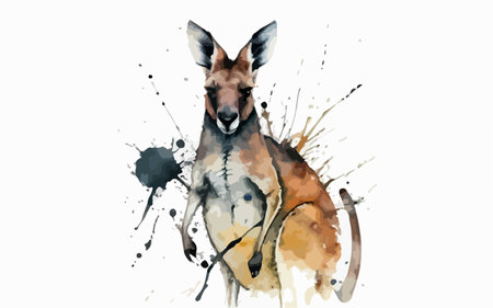 Watercolor illustration of kangaroo on white background with blotsのイラスト素材