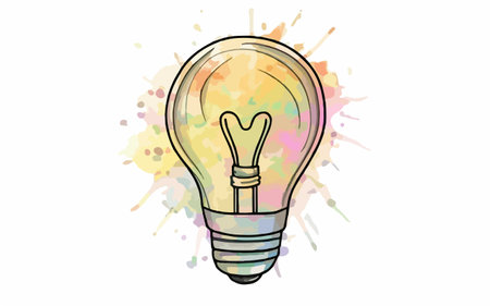 Illustration of a lightbulb on a colorful watercolor backgroundのイラスト素材