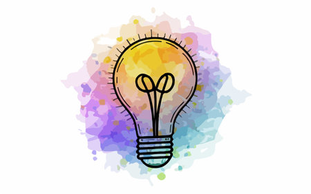 Illustration of a lightbulb on a colorful watercolor backgroundのイラスト素材