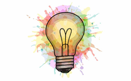 Illustration of a lightbulb on a colorful watercolor backgroundのイラスト素材