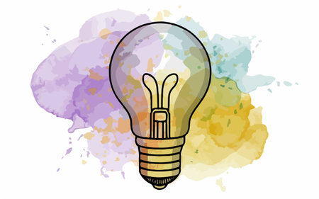 Illustration of a lightbulb on a colorful watercolor backgroundのイラスト素材