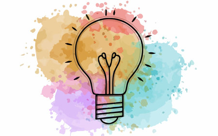Illustration of a lightbulb on a colorful watercolor backgroundのイラスト素材