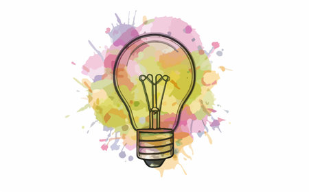 Illustration of a lightbulb on a colorful watercolor backgroundのイラスト素材