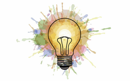 Illustration of a light bulb with watercolor splashes on a white backgroundのイラスト素材