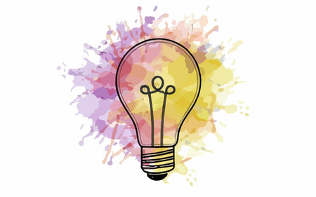 Illustration of a lightbulb on colorful watercolor background.のイラスト素材