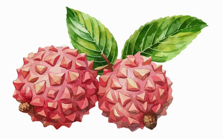 Lychee fruit with leaves isolated on white background. Realistic vector illustration.のイラスト素材