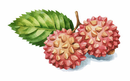 Lychee fruit with leaves on white background. Vector illustration.のイラスト素材