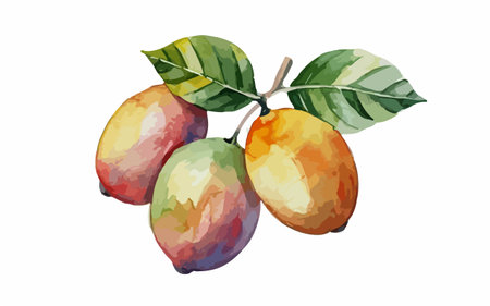 Watercolor illustration of three ripe mangoes on a white background.のイラスト素材