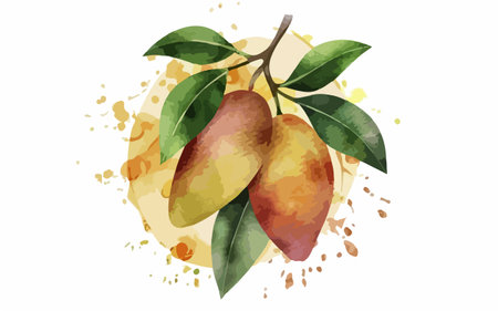 Mango fruits with watercolor splashes. Vector illustration on white background.のイラスト素材