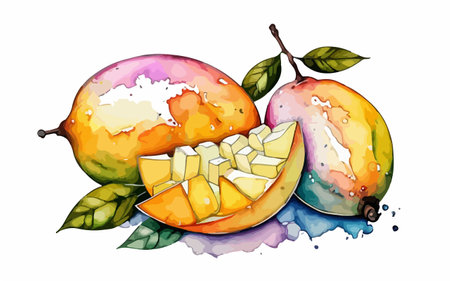 Illustration of mango with watercolor splashes on white background.のイラスト素材