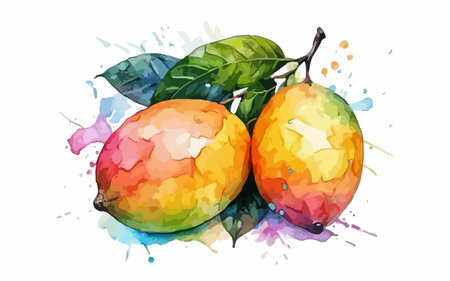 Illustration of mango fruit with watercolor splashes on white backgroundのイラスト素材