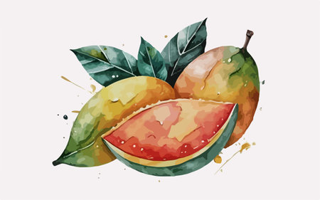 Watercolor illustration of mango fruit with green leaves and watercolor splashesのイラスト素材
