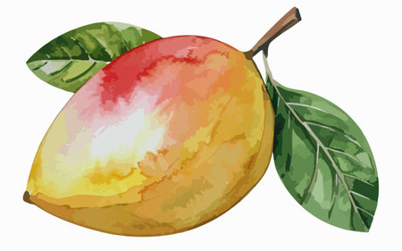 Mango fruit with leaves on a white background. Vector illustration.のイラスト素材