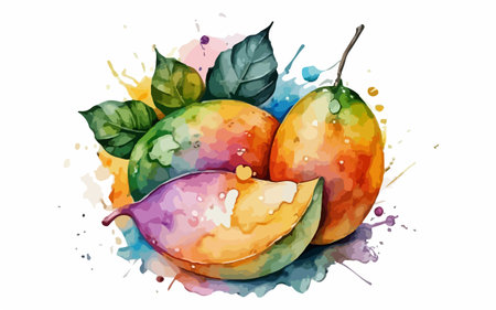 Watercolor painting of mango fruit on white background. Vector illustration.のイラスト素材