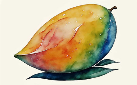 Watercolor painting of a mango fruit with leaves on a white backgroundのイラスト素材
