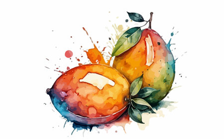 Watercolor mango fruit on watercolor splash background. Vector illustration.のイラスト素材