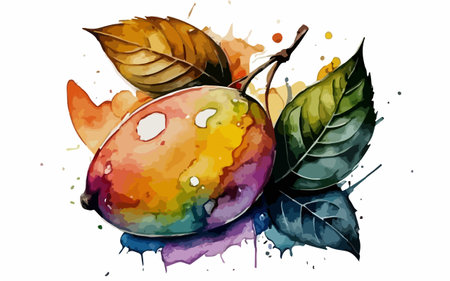 Vector watercolor illustration of mango, leaves and splashes on white backgroundのイラスト素材