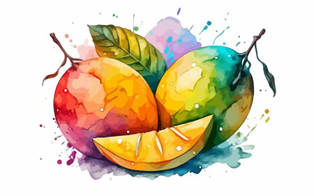 Watercolor mango fruit on watercolor splash background. Vector illustration.のイラスト素材