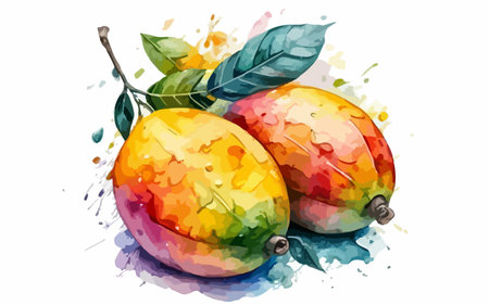 Mango fruit with watercolor splashes on white background. Vector illustration.のイラスト素材