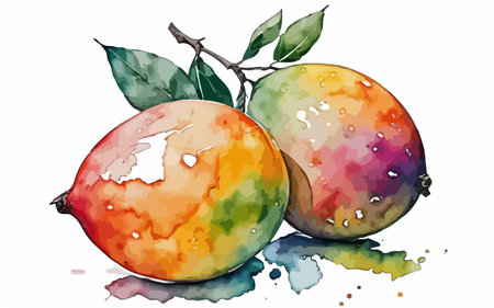 Mango watercolor painting on a white background. Vector illustration.のイラスト素材