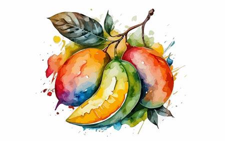Watercolor vector illustration of ripe mango. Hand drawn watercolor illustration.のイラスト素材