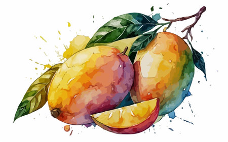 Mango fruit with watercolor splashes on white background. Vector illustration.のイラスト素材