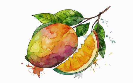 Illustration of mango with watercolor splashes on white background.のイラスト素材