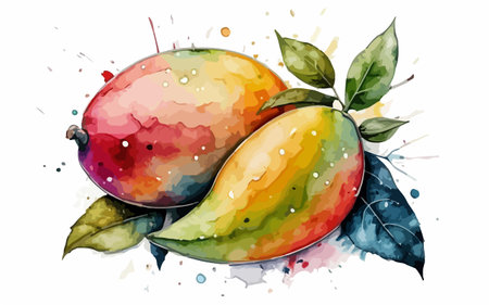 Mango fruit with watercolor splashes on white background. Vector illustration.のイラスト素材