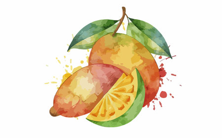 Illustration of a watercolor mango with splashes on a white backgroundのイラスト素材
