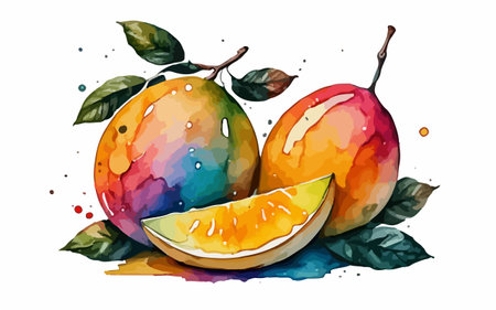 Watercolor illustration of fresh orange and melon on white background.のイラスト素材