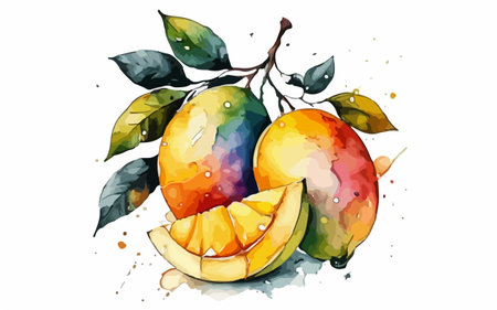 Hand drawn watercolor illustration of mango on white background. Vector illustration.のイラスト素材